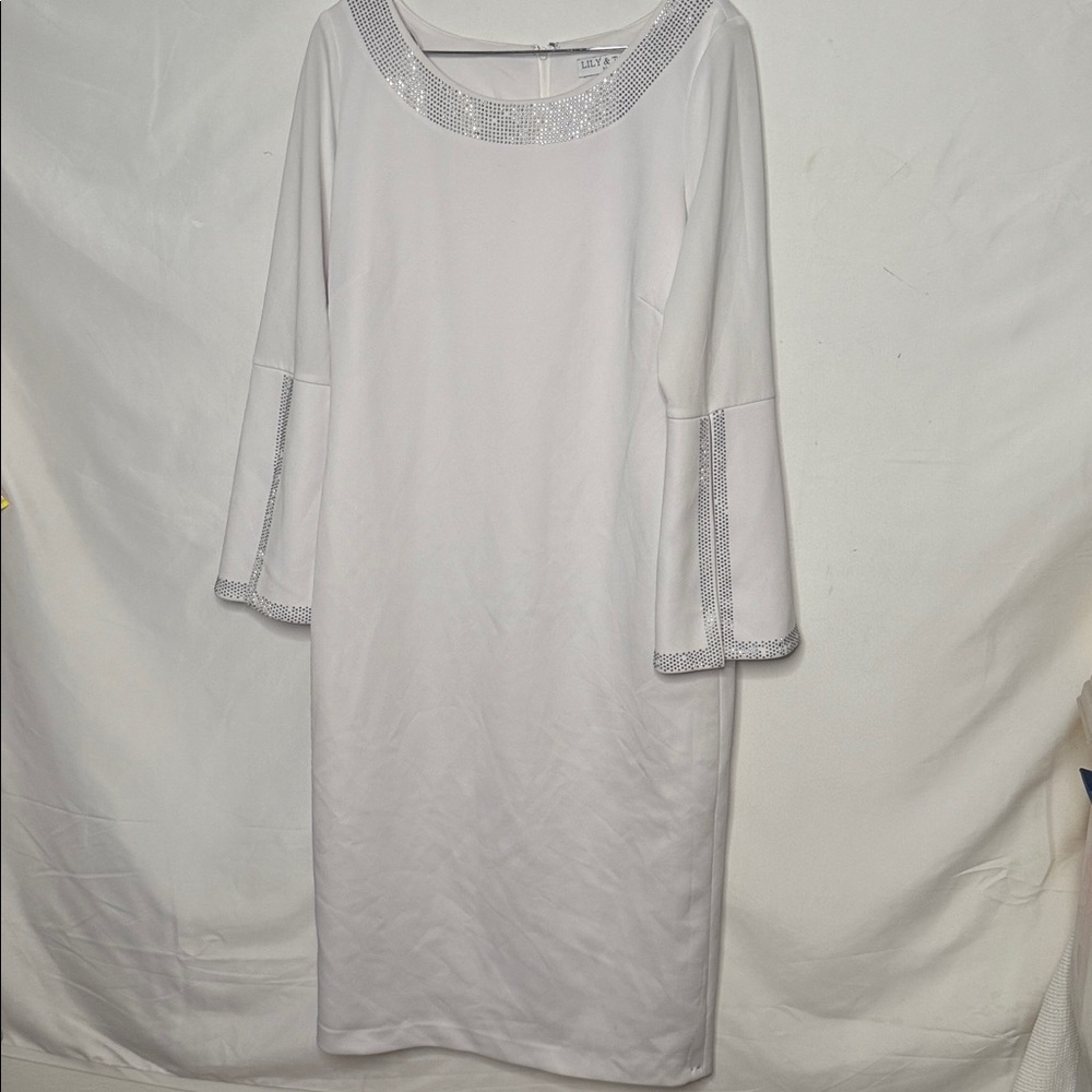 Lily & Taylor New York jewels along neck & sleeves split flare cuffs dress 12